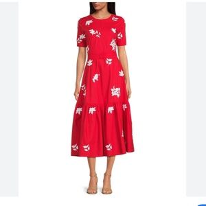 fanm mon nursel embroidered crew neck short sleeve a line midi dress